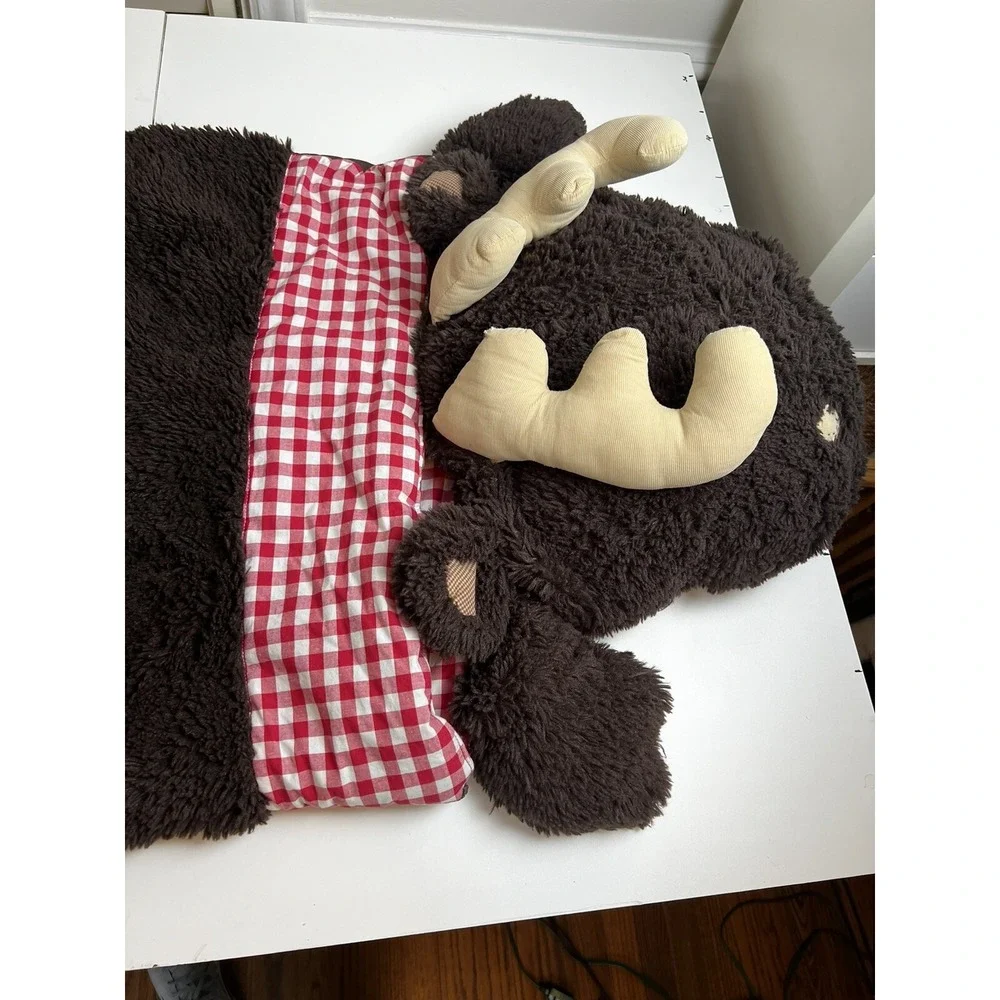 Pottery Barn Kids Moose Plush Sleeping Bag Brown Lined in Red Gingham